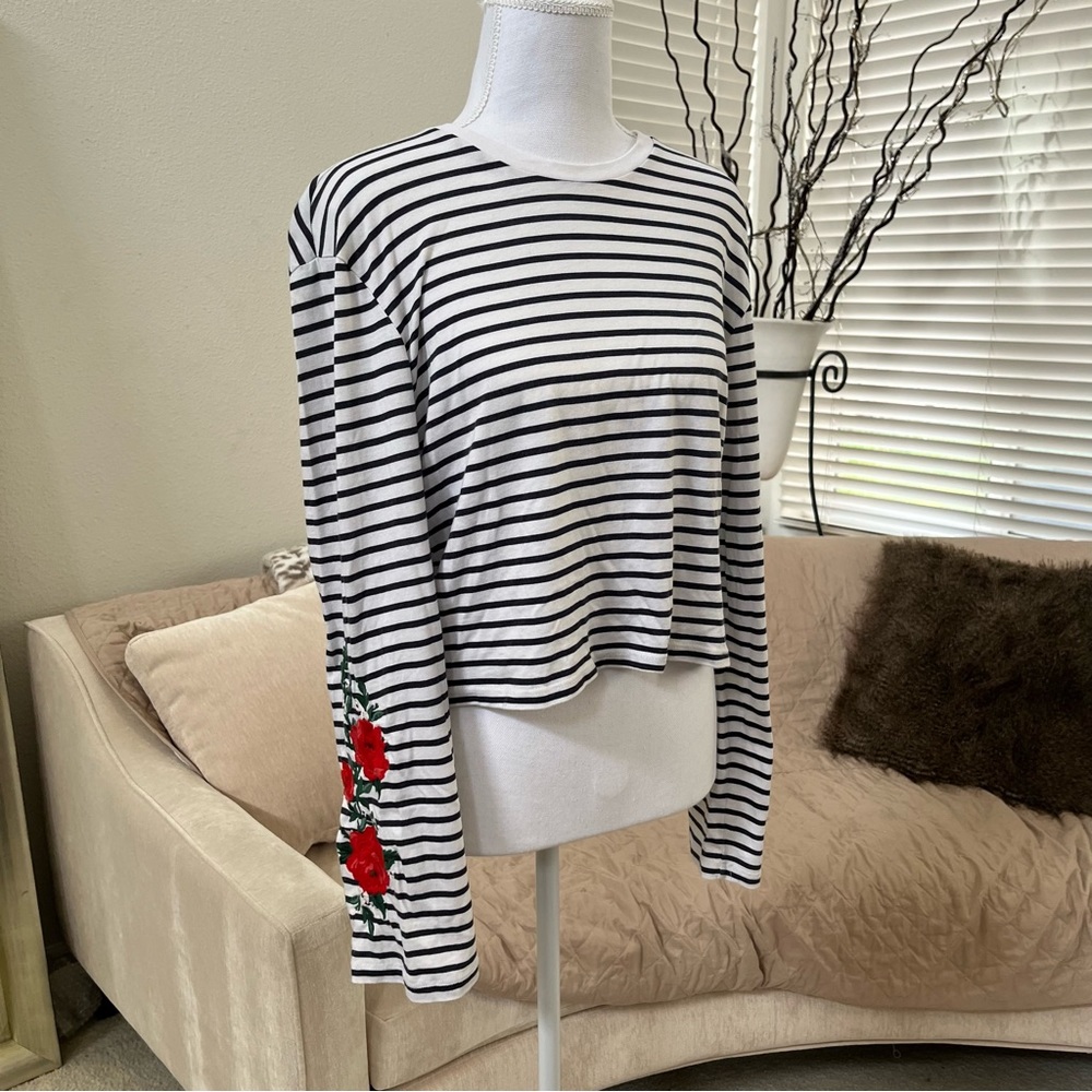 Blue and White Striped Long Sleeve with Floral Embroidery